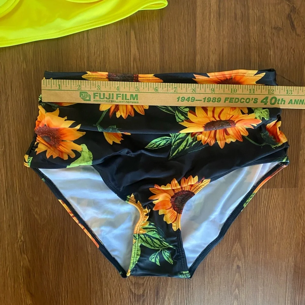 Sunflower Bikini Swimsuit Size Small black yellow bustier padded full high waist